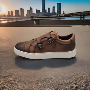 Martin Dingman Lorenzo Double Buckle Mens Casual Shoes Calf Leather Brown 10.5